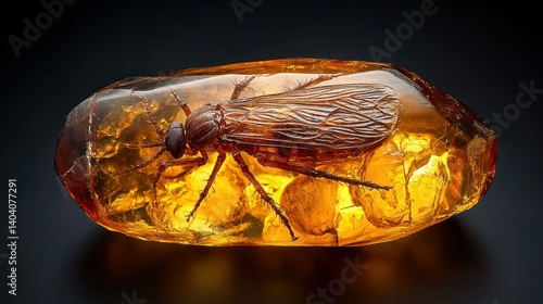 Ancient insect preserved in amber.  A fossilized insect trapped within a piece of amber.  Details of the insect's wings and body are visible within the transparent golden-orange resin