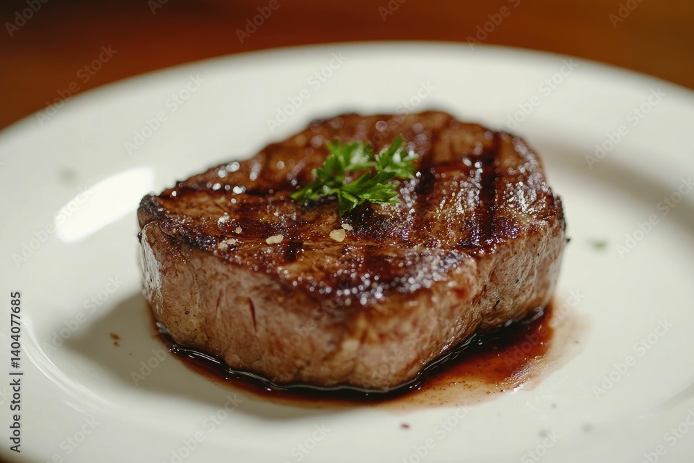Grilled Filet Mignon Steak Close-up on Plate with Parsley Garnish Grilled Filet Mignon Steak Close-up on Plate with Parsley Garnish