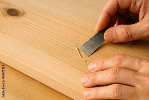 Repairing Scratch in Wood Surface with Putty Knife Close-Up

