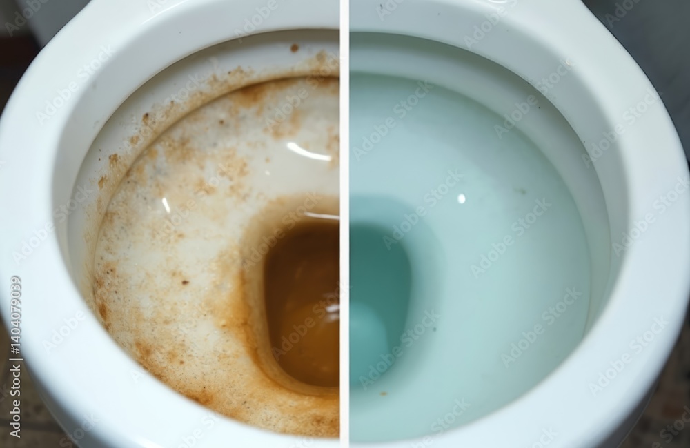 Image compares toilet bowl before after cleaning. Dirty, stained toilet shows comparison with clean bowl. Showcase cleaning detergents, home hygiene, product demo. Fight against germs, bacteria in