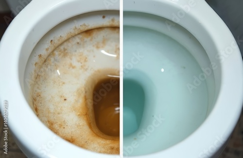 Obraz na płótnie Image compares toilet bowl before after cleaning. Dirty, stained toilet shows comparison with clean bowl. Showcase cleaning detergents, home hygiene, product demo. Fight against germs, bacteria in w salonie