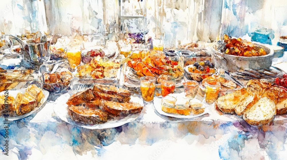 Vibrant buffet spread featuring various dishes and drinks at a lively outdoor gathering Vibrant buffet spread featuring various dishes and drinks at a lively outdoor gathering