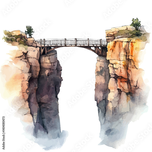 Bridge Between Two Cliffs, vector watercolor illustration, isolated on a white background.