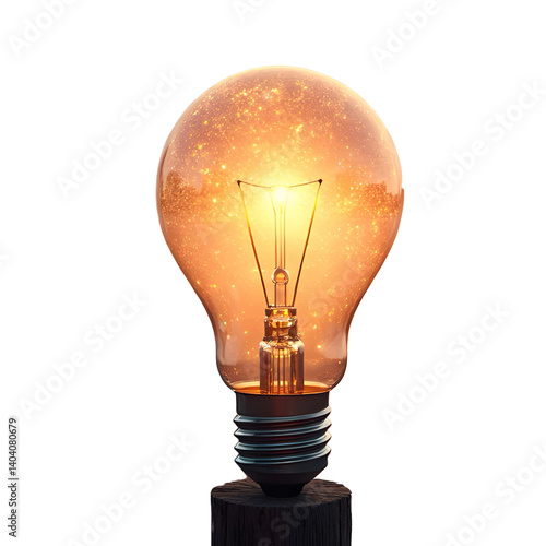 Vintage incandescent light bulb glowing with golden sparkles isolated