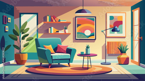 A modern minimalist living room featuring a cozy recliner and abstract art.