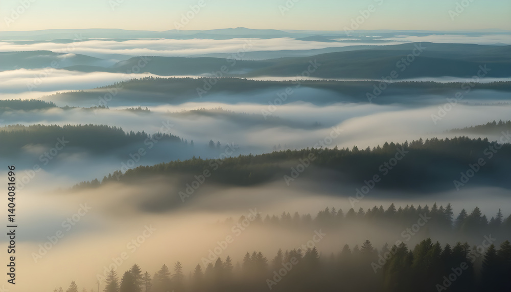 Obraz premium view of a forest covered in fog