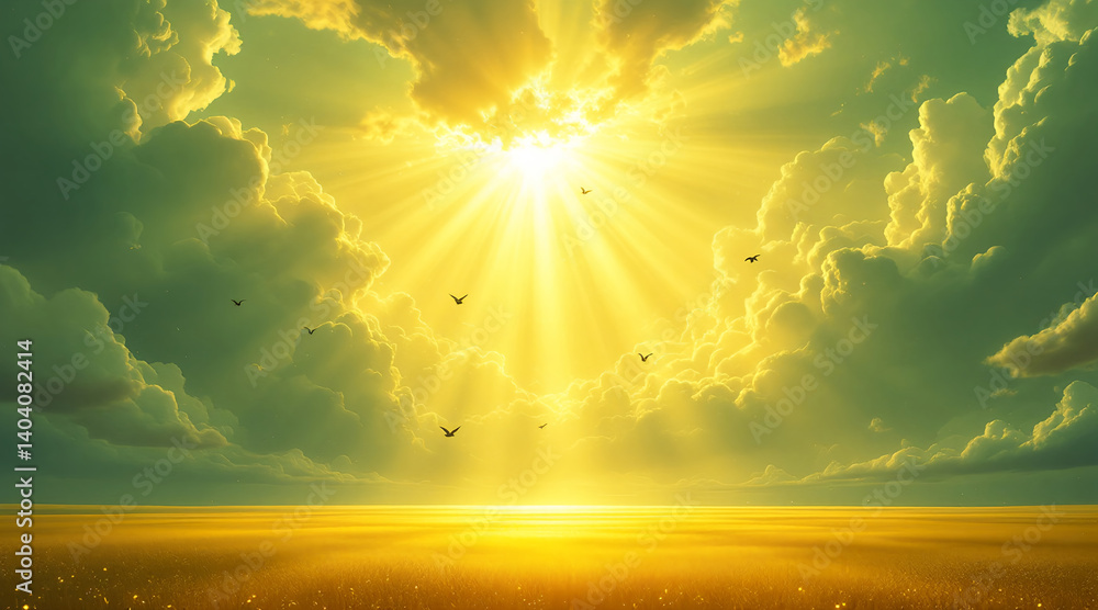 Fototapeta premium 太陽の光が差し込む幻想的な空と草原 – 希望と平和の風景