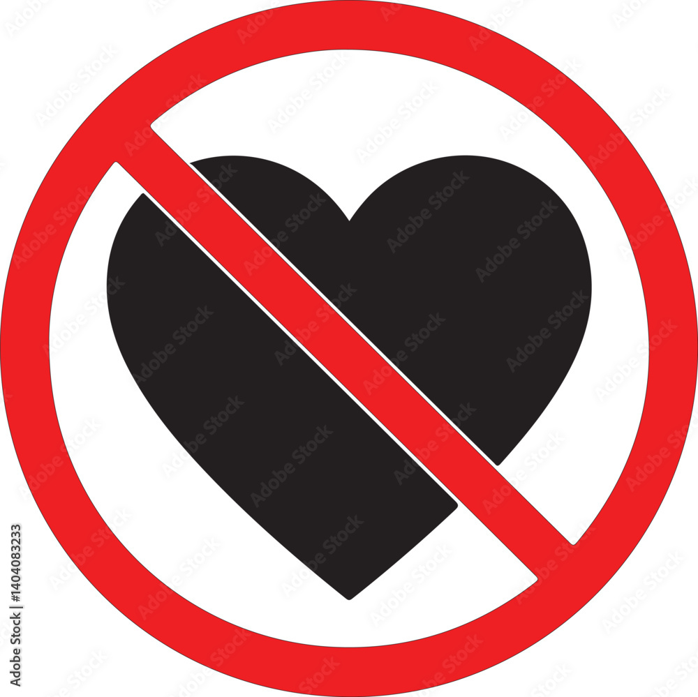 NO LOVE crossed out sign. Black heart icon in circle NO LOVE crossed out sign. Black heart icon in circle