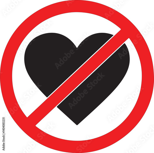 NO LOVE crossed out sign. Black heart icon in circle