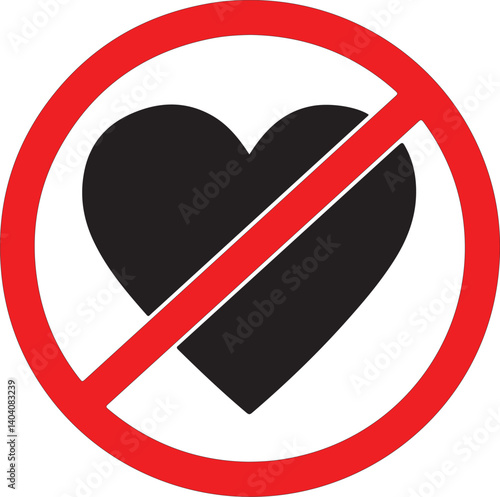 NO LOVE crossed out sign. Black heart icon in circle