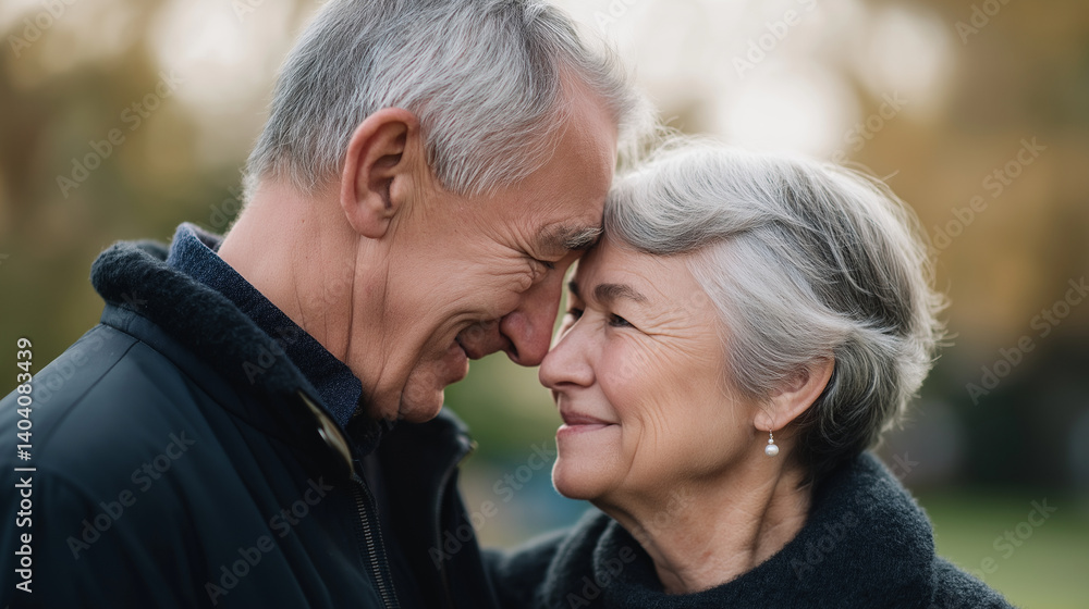 Senior couple in golden park sharing a tender romantic moment Senior couple in golden park sharing a tender romantic moment