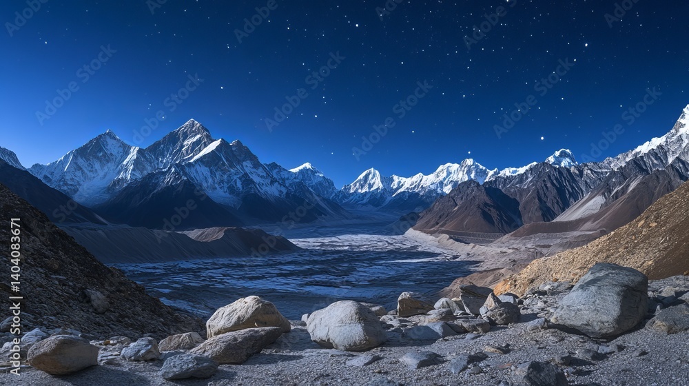 Obraz premium Majestic himalayan mountain range under a starlit night sky snow view cold dark blue gray high wild