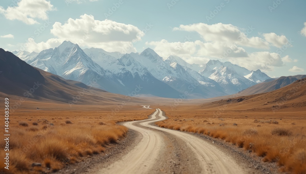 Fototapeta premium Scenic view of winding road through autumn steppe leading to mountains with snow-capped peaks. Landscape bathed in warm sunlight, creating beautiful natural environment, evoking sense of tranquility,