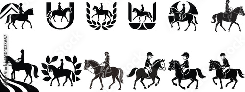 Equestrian Rider Silhouette Vector Set – Horseback Riding Clipart Geometric Styl Horse Logos and Design