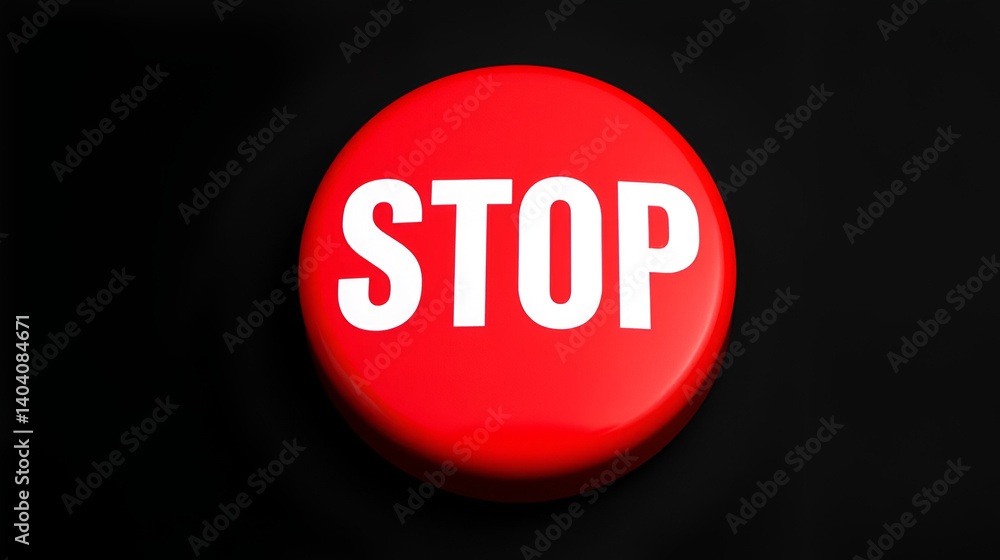 A prominent red button with bold white lettering of Stop emblazoned on it, isolated on a dark background, symbolizing decisive action and control. A prominent red button with bold white lettering of Stop emblazoned on it, isolated on a dark background, symbolizing decisive action and control.