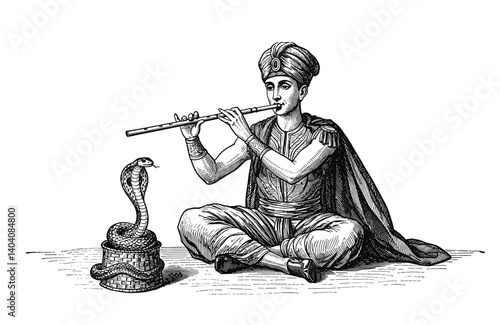 Classic engraving of a snake charmer playing a flute with a cobra  