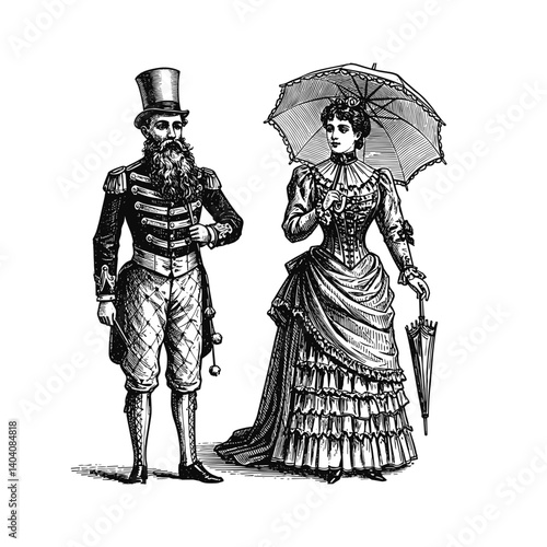 Vintage classic Victorian style circus visitors engraving illustration  