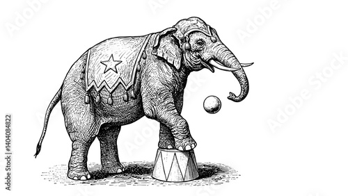 Circus elephant performing a trick with a ball in vintage engraving style  