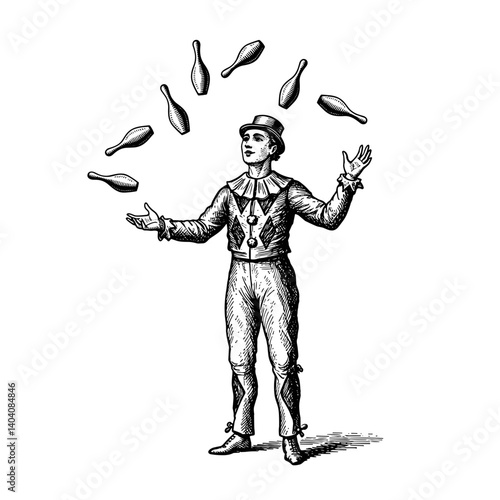 Classic circus juggler tossing pins in the air, mid-performance, engraved in detailed black-and-white style, white background  