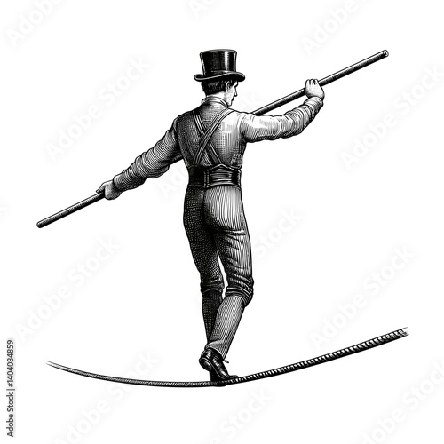 Vintage male tightrope walker balancing on a rope in monochrome  