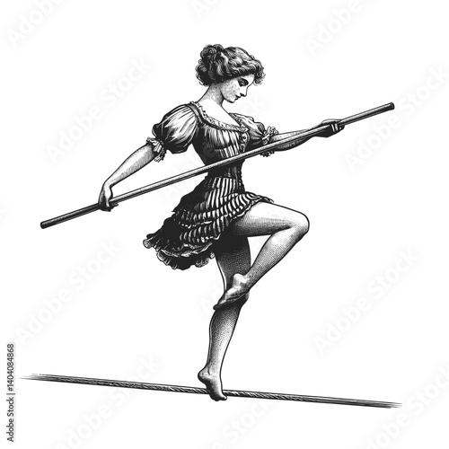 Engraving of a pretty female tightrope walker balancing mid-step  