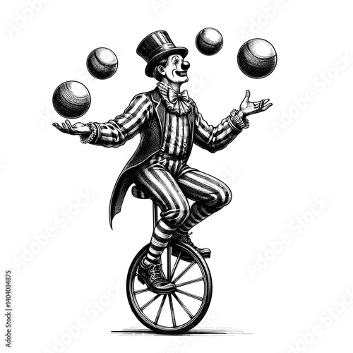 Vintage clown juggling balls on a unicycle in black and white  