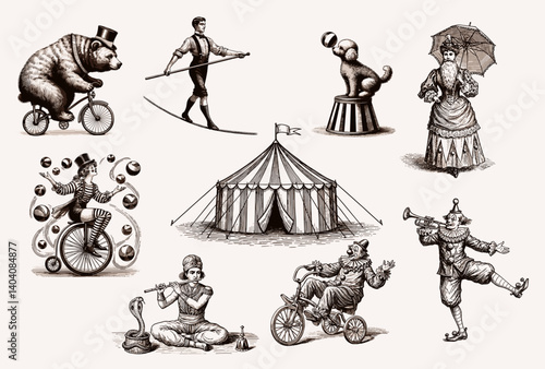 Set of Vintage Circus Illustrations in Engraving Style  