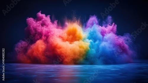 Colorful powder explosion on dark reflective floor