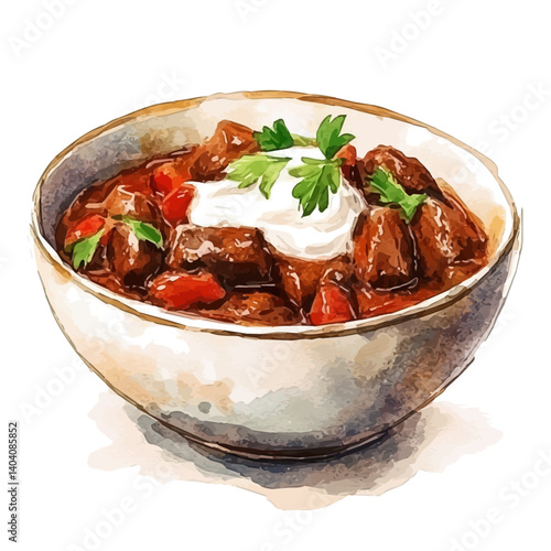 illustration of Bowl Of Goulash With Sour Cream, watercolor vector, isolated on a white background.
