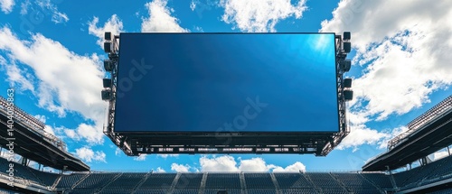 Large blank LED scoreboard hanging above a stadium with blue sky.
