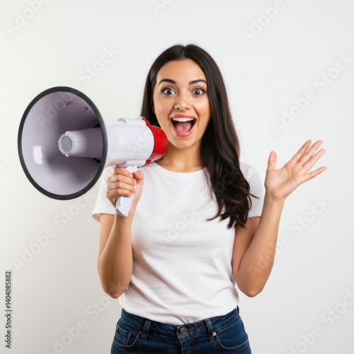 Excited young woman holding megaphone and gesturing loudly isolated on white background