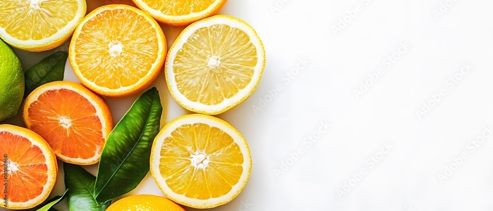 Vibrant Citrus Fruit Slices Background with Leaves Vibrant Citrus Fruit Slices Background with Leaves