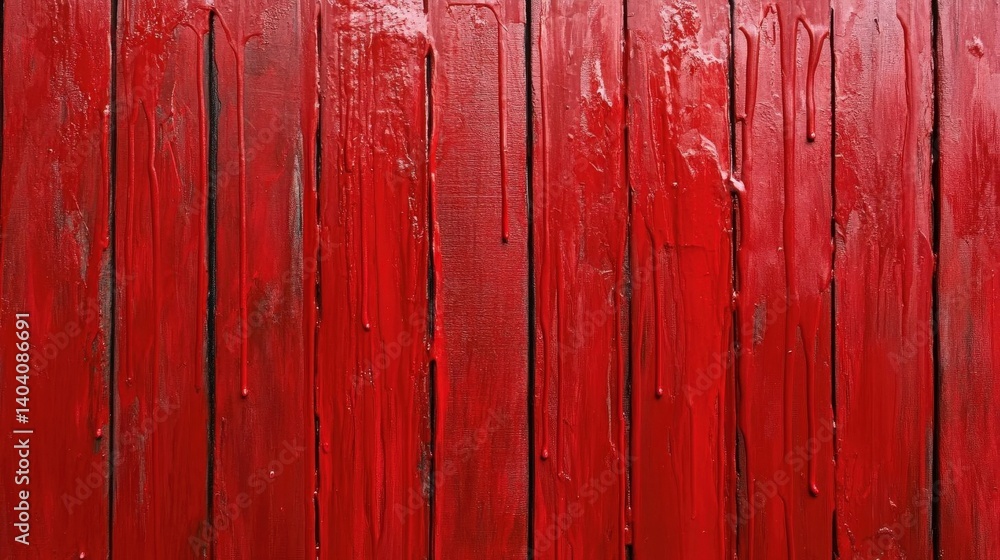 Fototapeta premium Red oil paint texture on a vertical wooden wall, featuring a vibrant red surface with dripping paint for an artistic and bold backdrop.