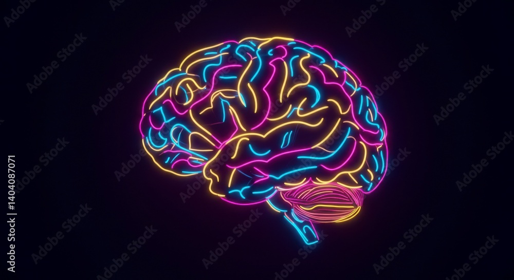 Futuristic neural network concept in neon lights, showing brain functionality and energy Futuristic neural network concept in neon lights, showing brain functionality and energy