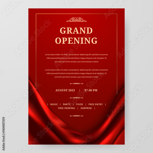 Grand Opening poster celebration with red fabric satin silk ribbon drapery element decoration for luxury elegant vip royal poster
