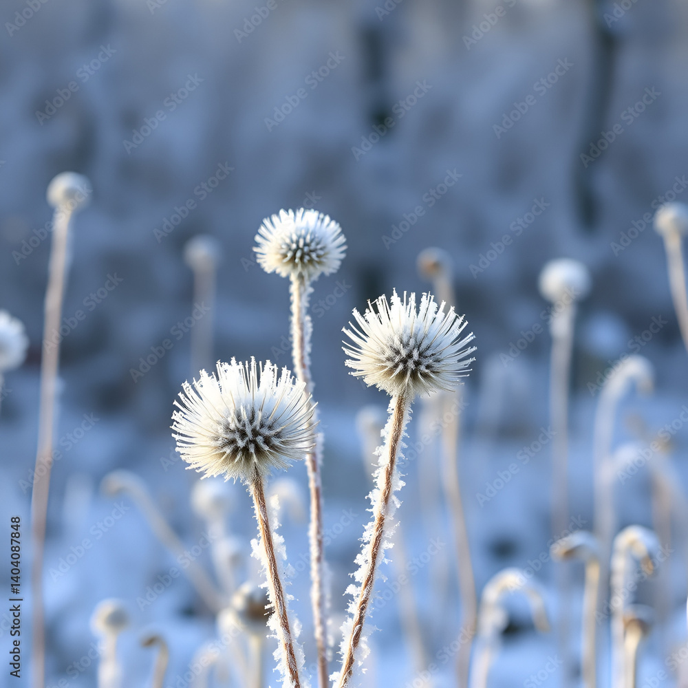 Flower umbels of the teasel covered with white hoarfrost in winter Flower umbels of the teasel covered with white hoarfrost in winter