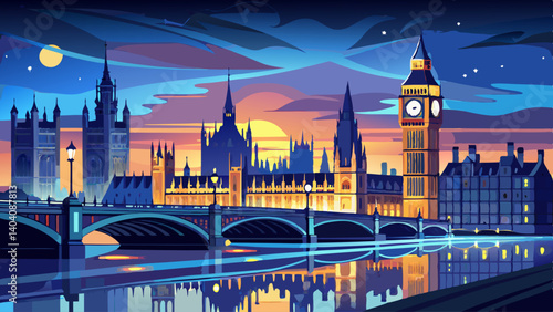 Illuminated Houses of Parliament and Big Ben reflect in the river as Westminster Bridge shines under the evening sky in London, creating a stunning night view of this historic