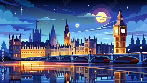 Illuminated Houses of Parliament and Big Ben reflect in the river as Westminster Bridge shines under the evening sky in London, creating a stunning night view of this historic