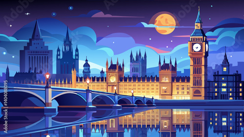 Illuminated Houses of Parliament and Big Ben reflect in the river as Westminster Bridge shines under the evening sky in London, creating a stunning night view of this historic