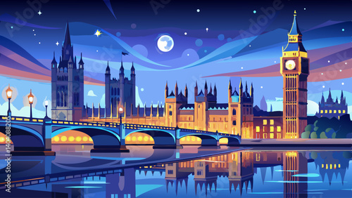 Illuminated Houses of Parliament and Big Ben reflect in the river as Westminster Bridge shines under the evening sky in London, creating a stunning night view of this historic