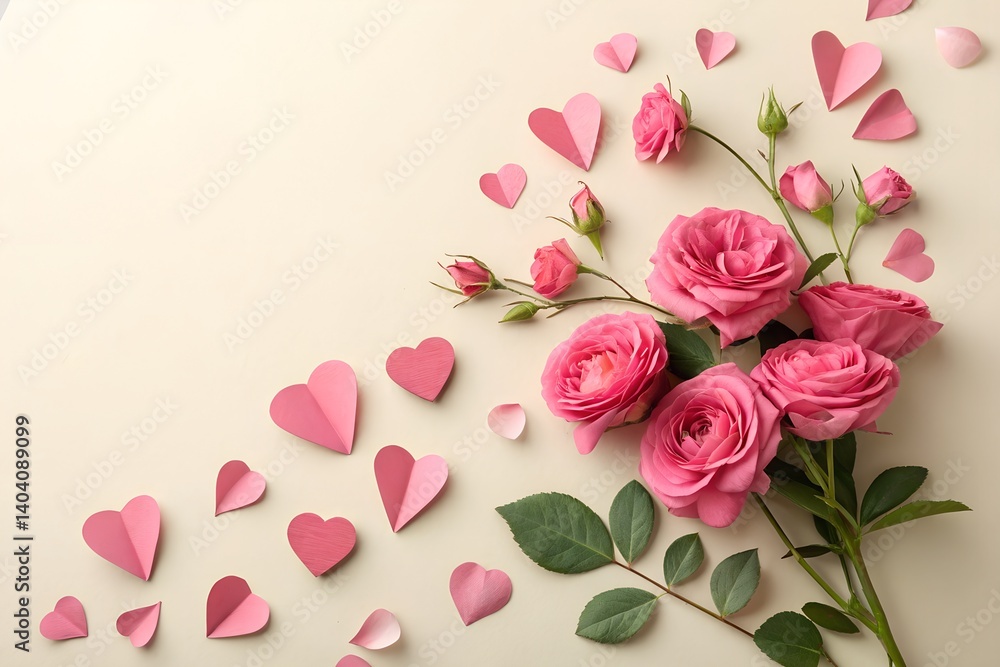 Fototapeta premium Pink Roses and Hearts: Delicate pink roses and paper hearts create a romantic and elegant composition, perfect for Valentine's Day or any romantic occasion.
