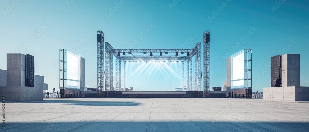 Fototapeta premium Empty stage with spotlights on a rooftop ready for a performance.