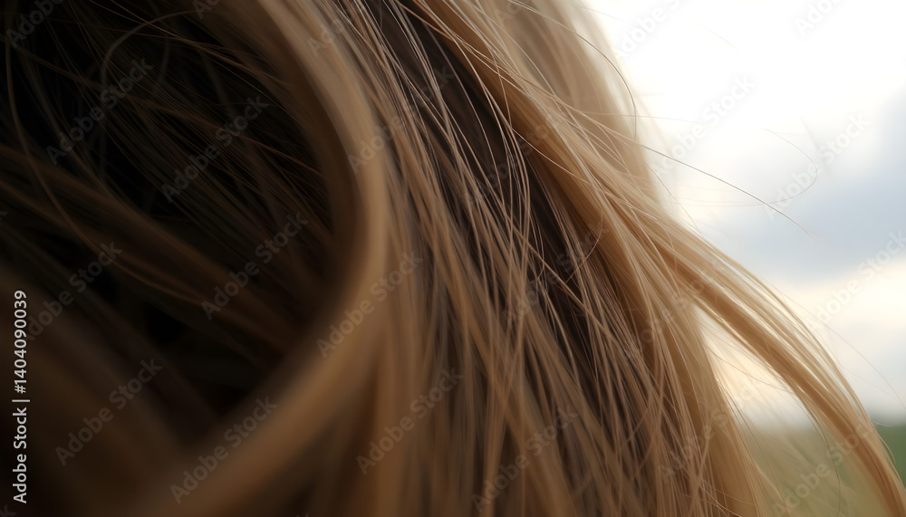 close up of a woman's hair with a sky in the background close up of a woman's hair with a sky in the background