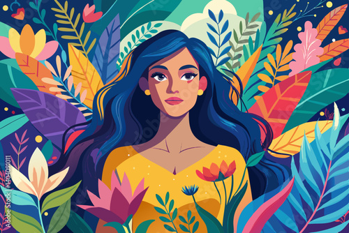 Illustration of a woman with blue hair surrounded by colorful floral and foliage elements artfully arranged