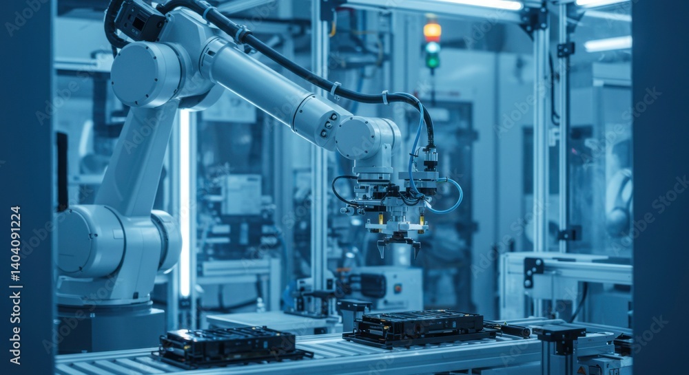 An automated robotic arm assembles components with precision in a modern factory setting. An automated robotic arm assembles components with precision in a modern factory setting.