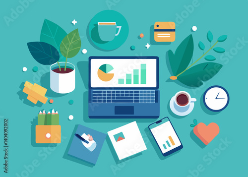 Overhead view of a workspace with laptop, coffee, phone, plant and other office supplies on a teal surface