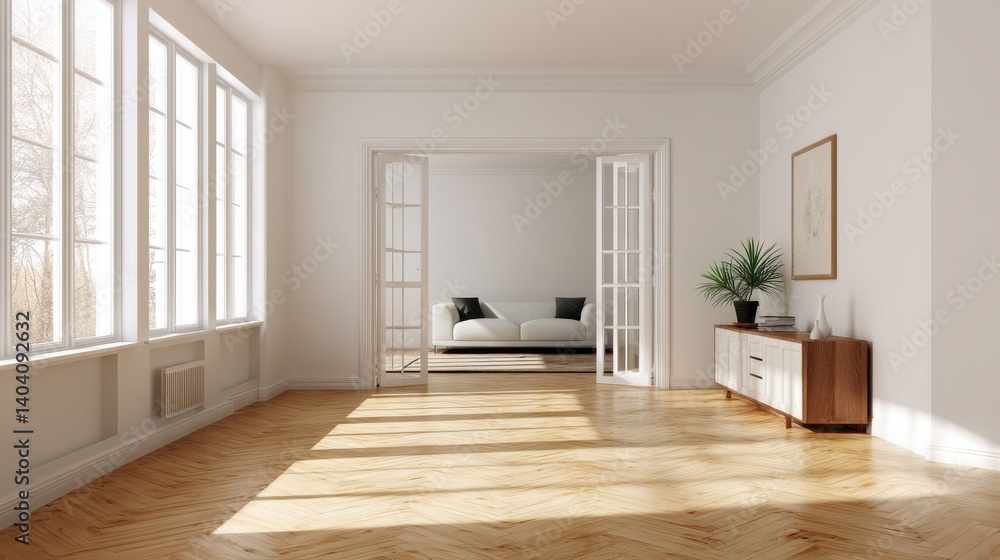 Bright, airy living room with hardwood floors and large windows. Bright, airy living room with hardwood floors and large windows.