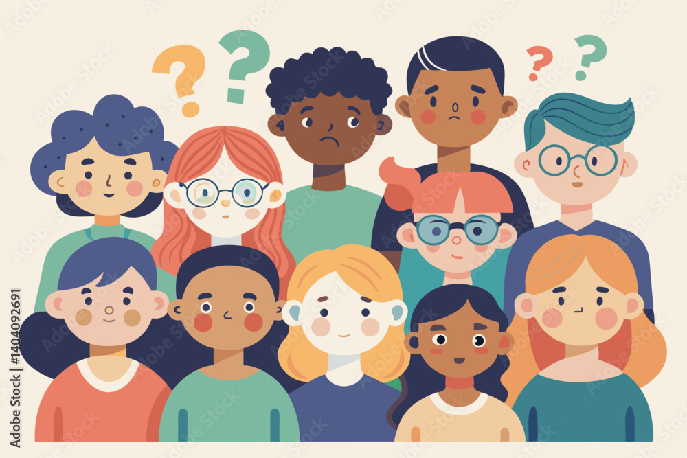 Diverse group of people with question marks above their heads showing confusion and uncertainty look Diverse group of people with question marks above their heads showing confusion and uncertainty look