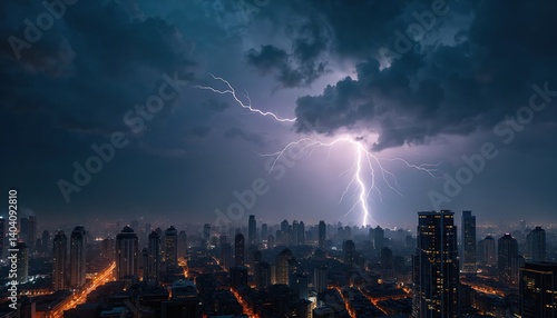 Lightning strike over modern city with tall buildings. Dramatic night cityscape with illuminated skyscrapers. Nature environment storm at night. Urban scene with architecture.