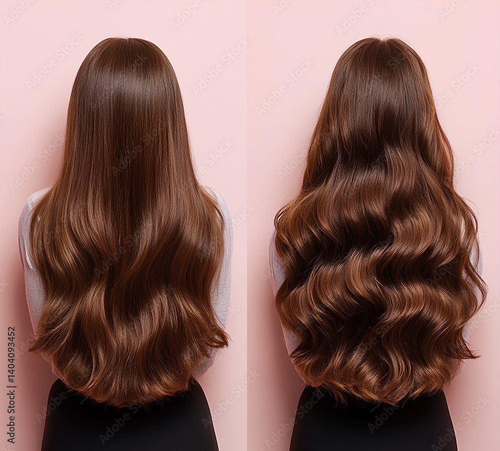 Fototapeta premium Before and after photo of long brown hair styled from straight to voluminous curls